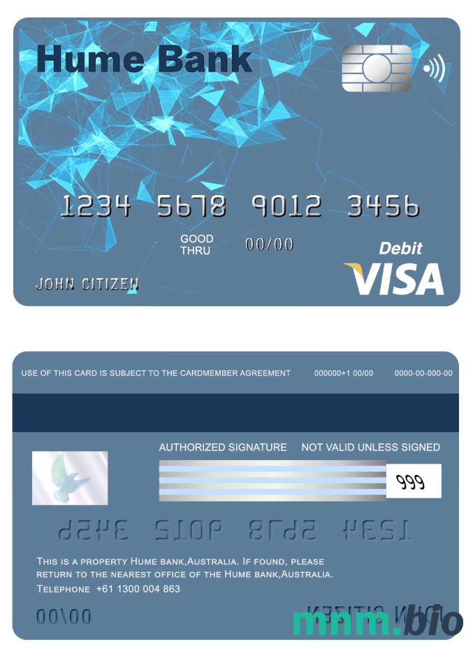 Australia Hume bank przykład karty visa w formacie PSD